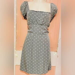 Polka Dot Square Neck Puff Sleeve Dress - Green / white